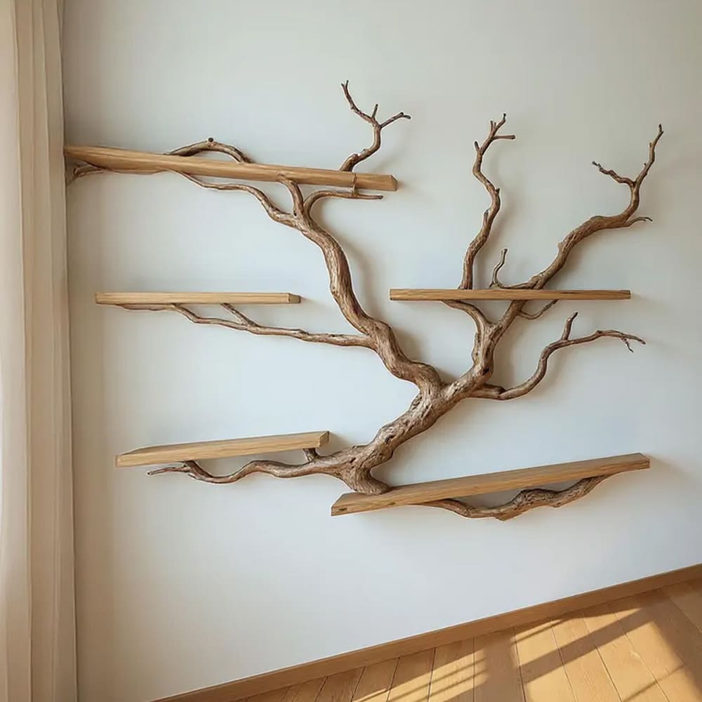 Tree branch book shelf floating shelves on wall solid wood bookshelf driftwood wall art decor for living room