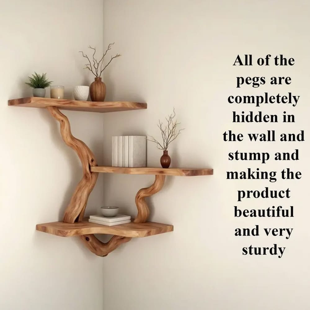 Driftwood corner shelf tree branch bookshelf wall mounted bookcase rustic furniture decor home art