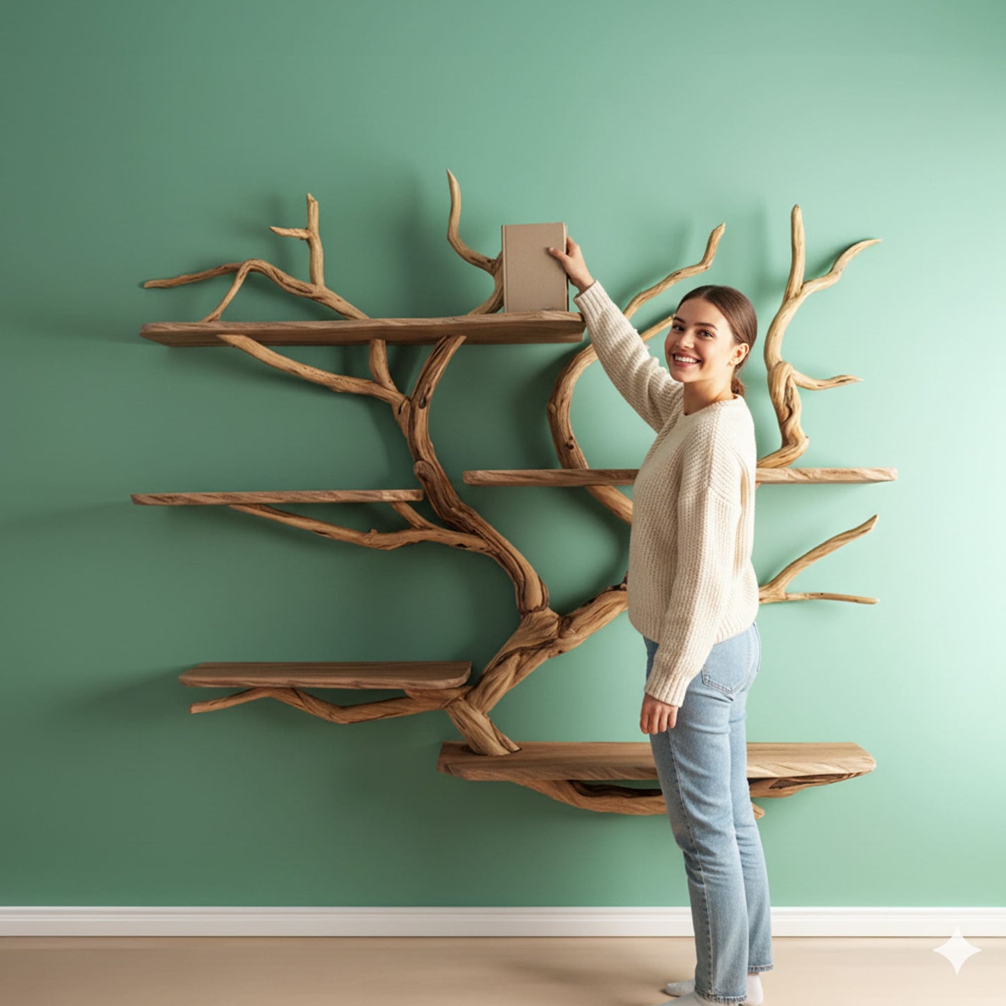 Floating bookshelf driftwood branch art solid wood bookcase wall mounted shelves