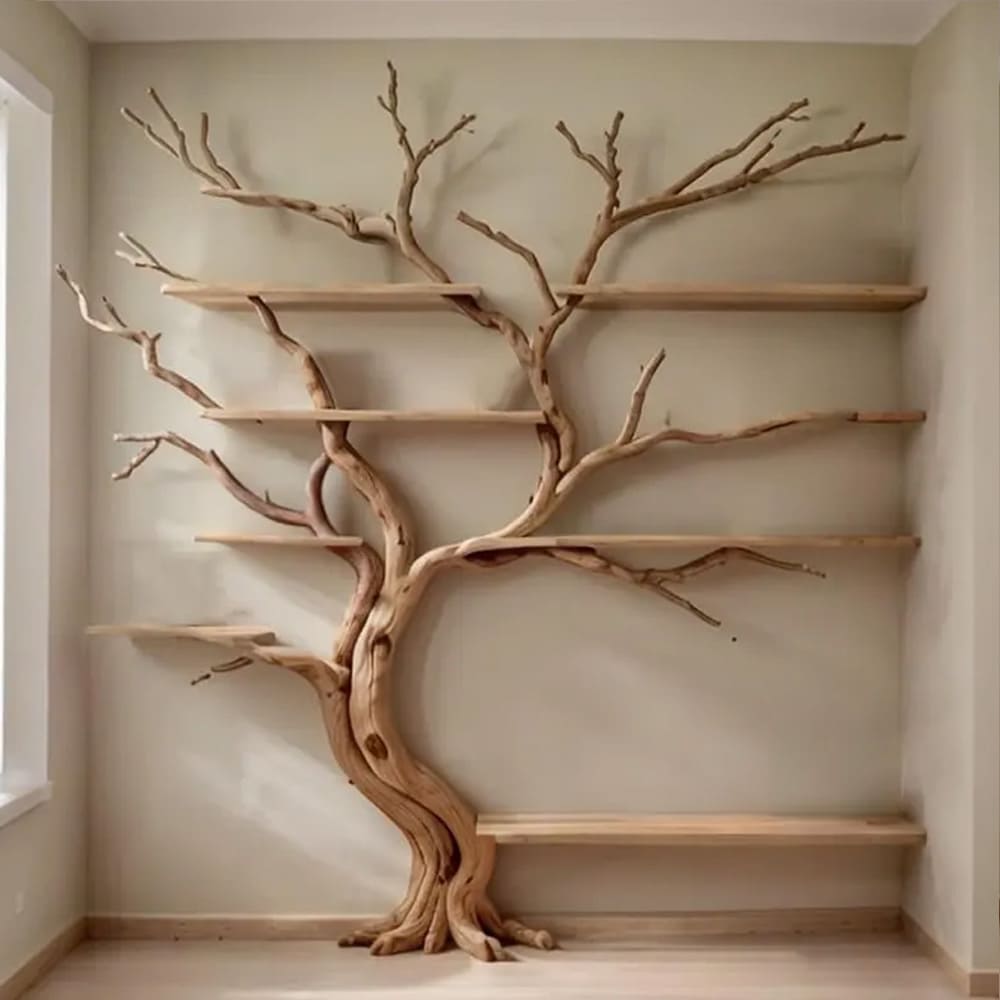 Floating bookshelf driftwood sculpture bookcase solid wood shelves on wall art deco