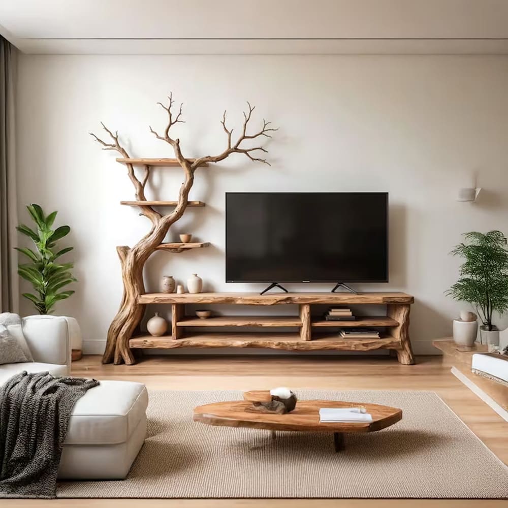 Wall mount tv stand bookcase solid wood media console tree branch storage cabinet tree bookshelf driftwood monitor player stand