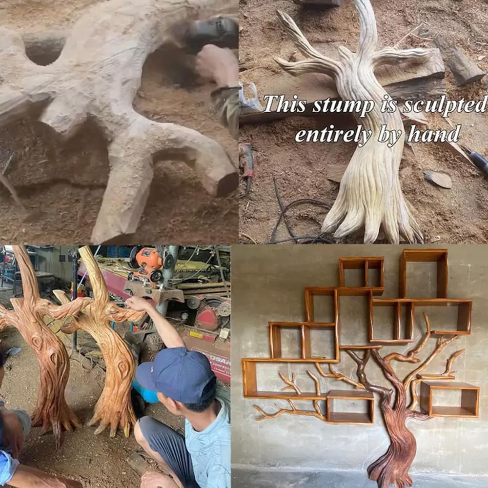 Tree branch bookshelf solid wood bookcase driftwood sculpture art black shelves on wall decor for living room