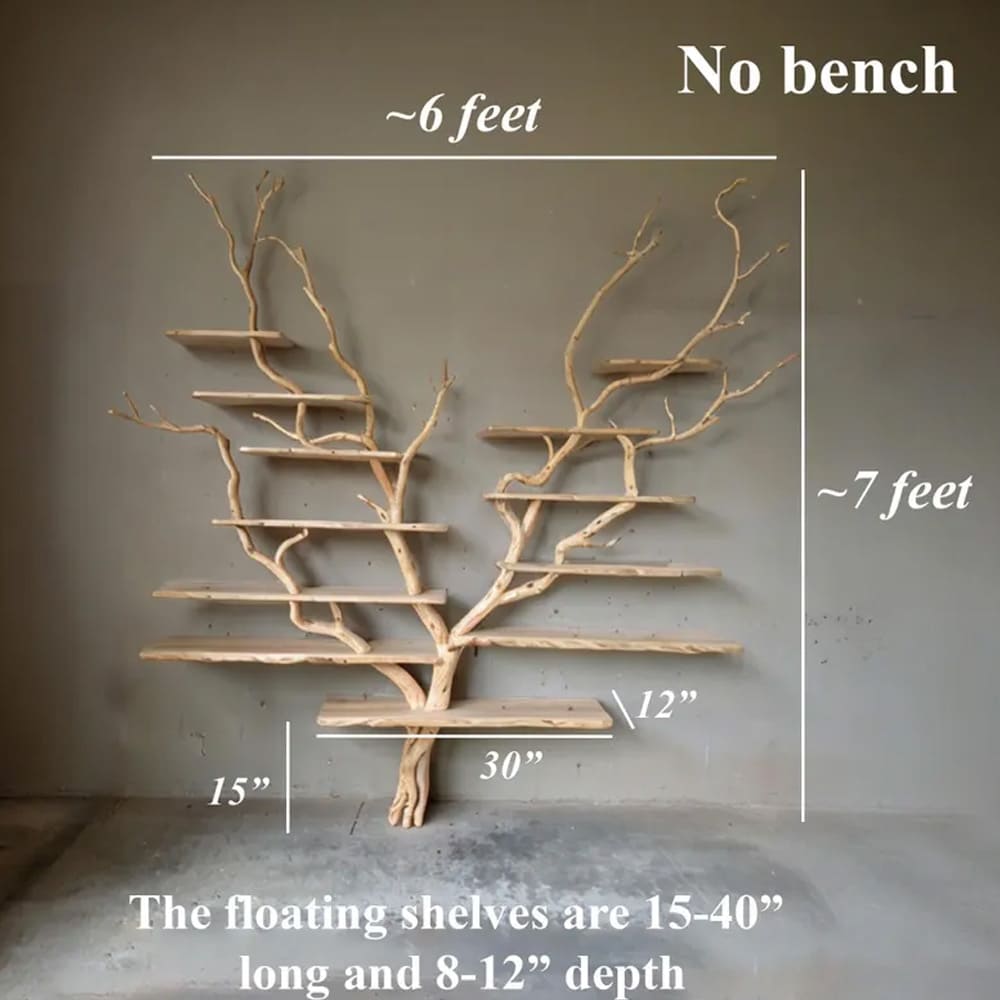 Tree branch shelf wall mount assembly natural wood foor bookcase art custom for home decor