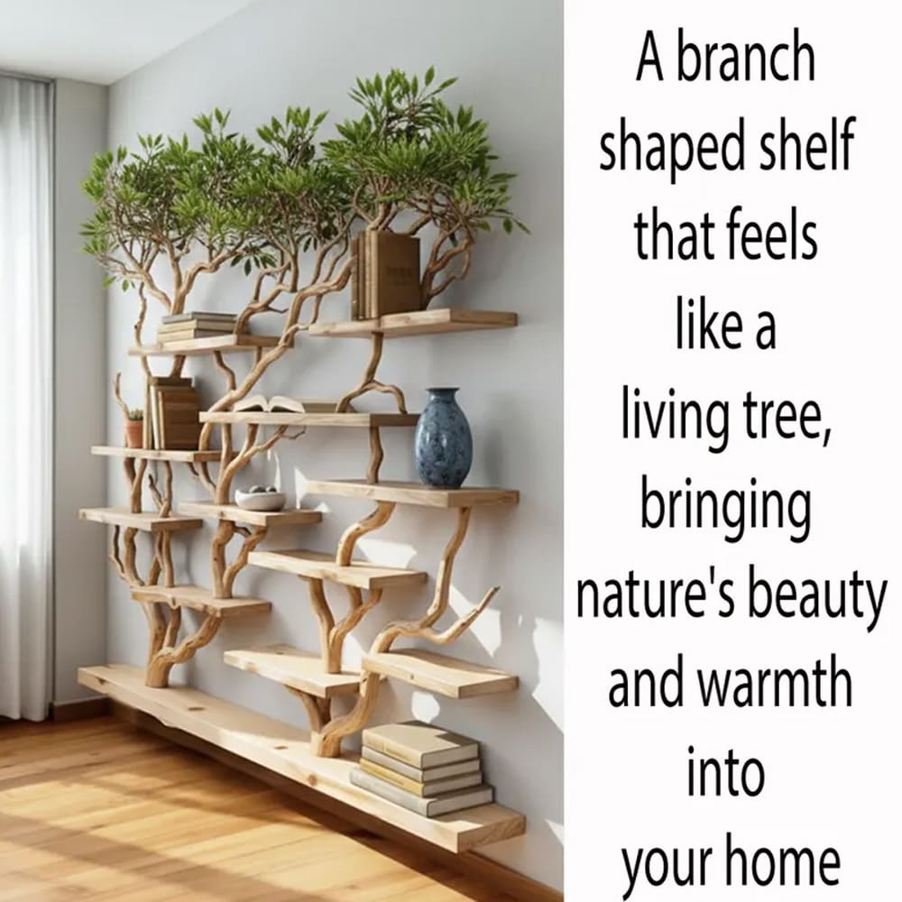 Floating bookshelf tree branch wall mounted book shelf handcrafted carving sculpture reclaimed solid wood bookcase
