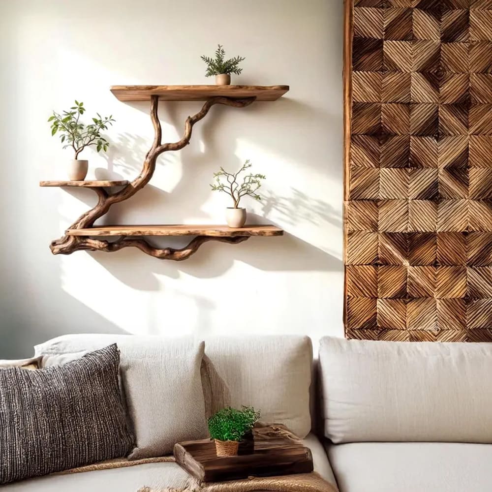 Natural driftwood branch floating bookshelf wall mounted tree shelf solid wood bookshelves decor handmade furniture