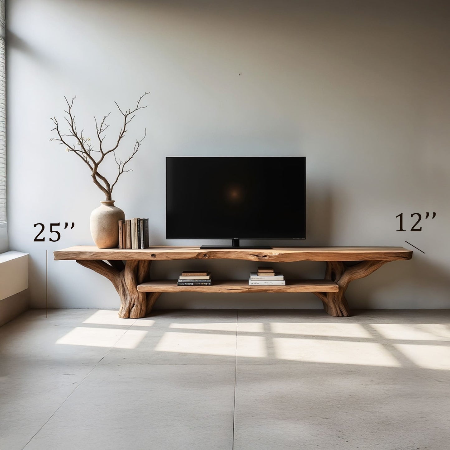 Natural driftwood tv stand live edge monitor shelving wall mount monitor stand solid tree branch console table wood storage bench
