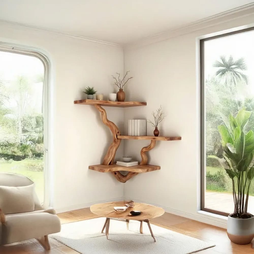 Driftwood corner shelf tree branch bookshelf wall mounted bookcase rustic furniture decor home art