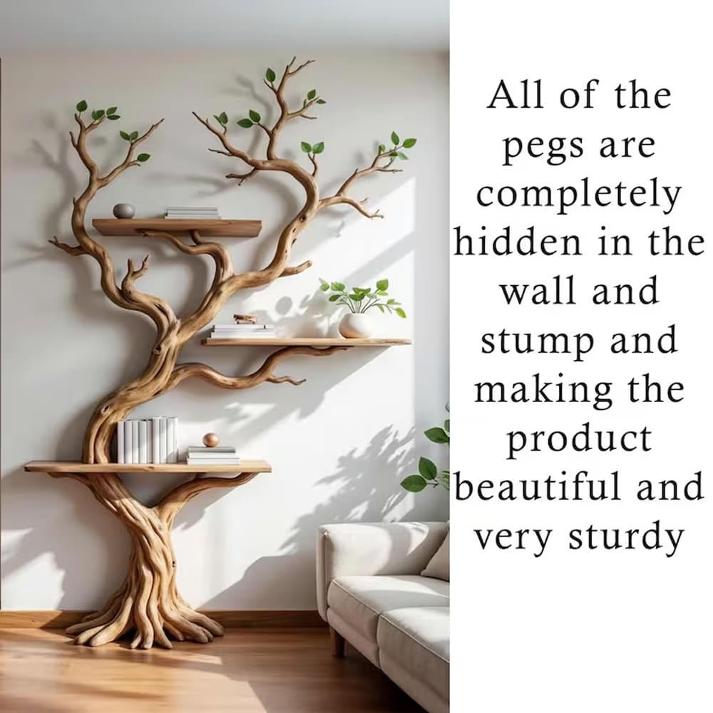 Driftwood tree bookshelf floating book tree shelf solid wood bookcase wall mount shelving on wall living room furniture