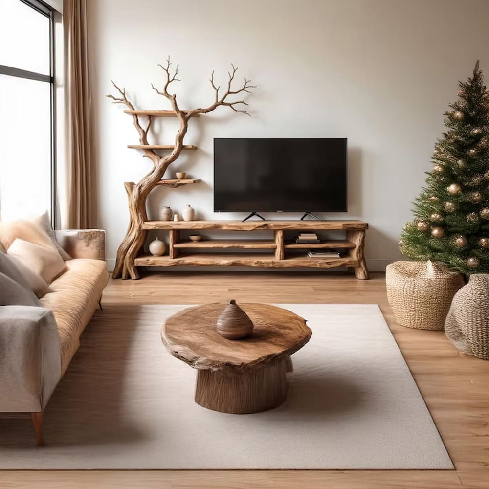 Wall mount tv stand bookcase solid wood media console tree branch storage cabinet tree bookshelf driftwood monitor player stand