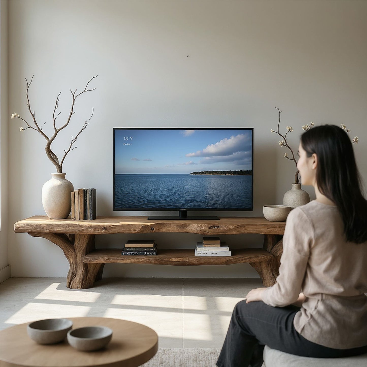 Natural driftwood tv stand live edge monitor shelving wall mount monitor stand solid tree branch console table wood storage bench