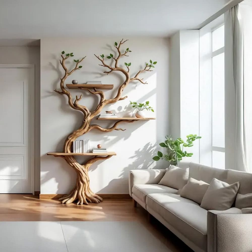 Driftwood tree bookshelf floating book tree shelf solid wood bookcase wall mount shelving on wall living room furniture