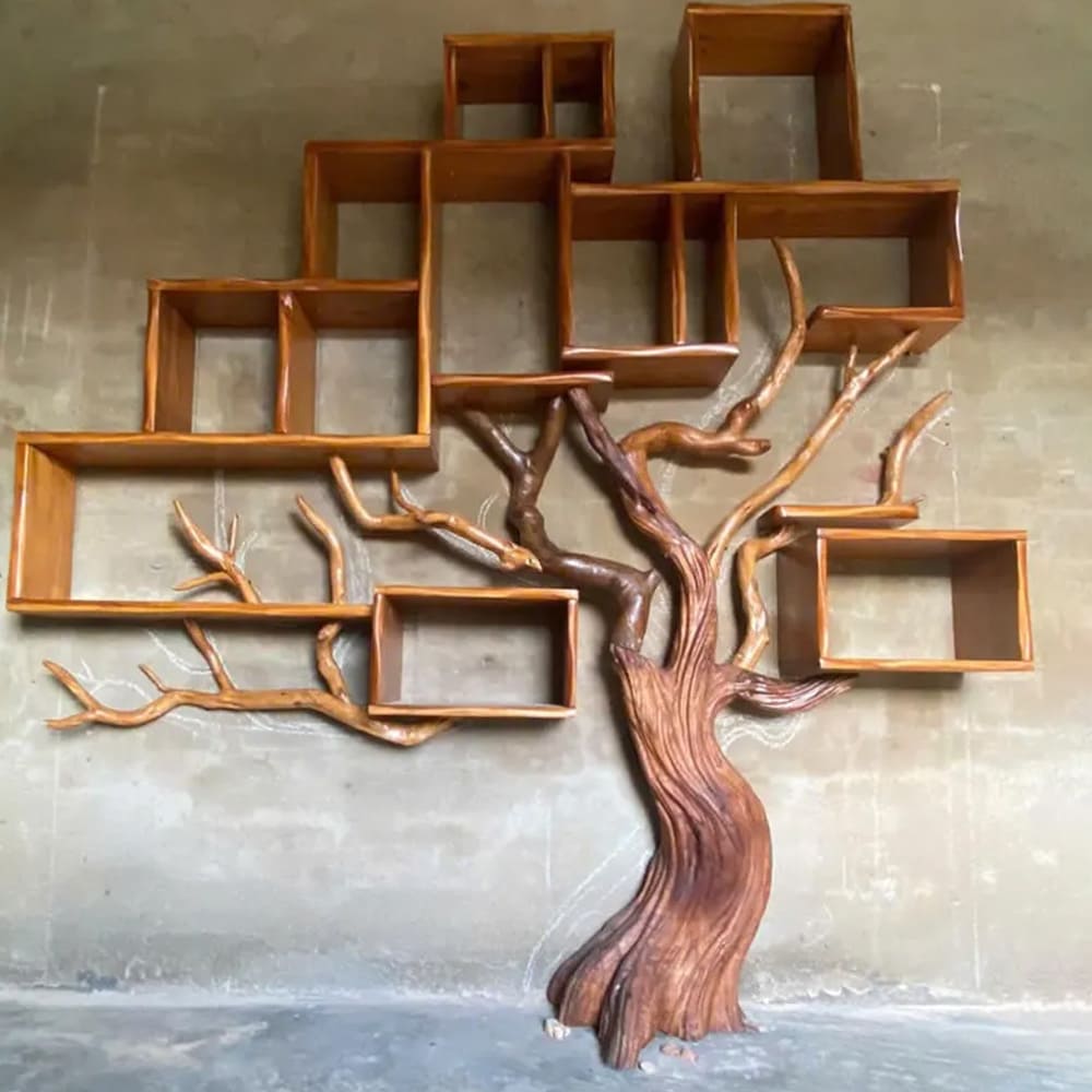 Tree branch bookshelf solid wood bookcase driftwood sculpture art black shelves on wall decor for living room