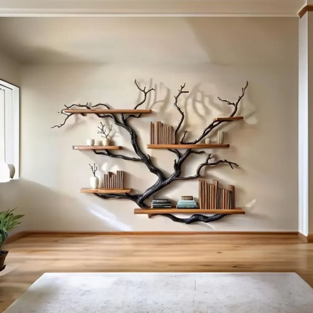 Driftwood branch tree bookshelf solid wood branch wall mount handmade furniture decor for home