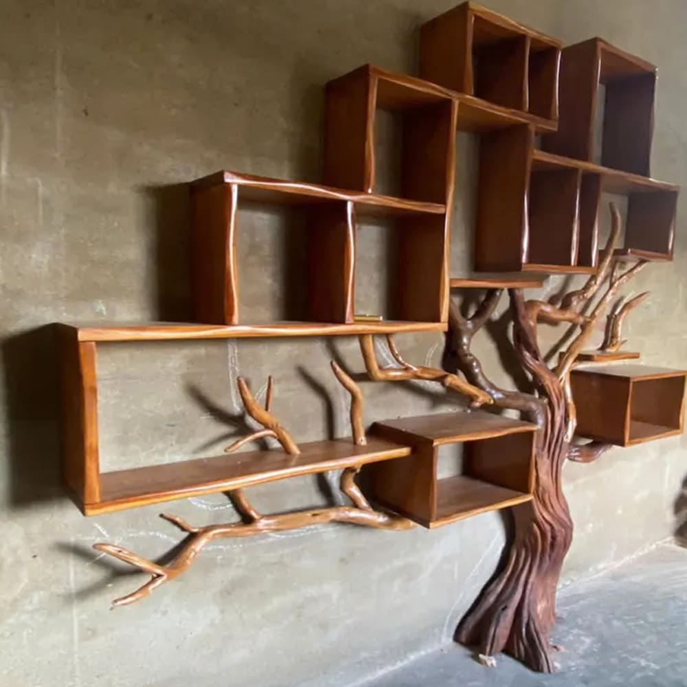 Tree branch bookshelf solid wood bookcase driftwood sculpture art black shelves on wall decor for living room