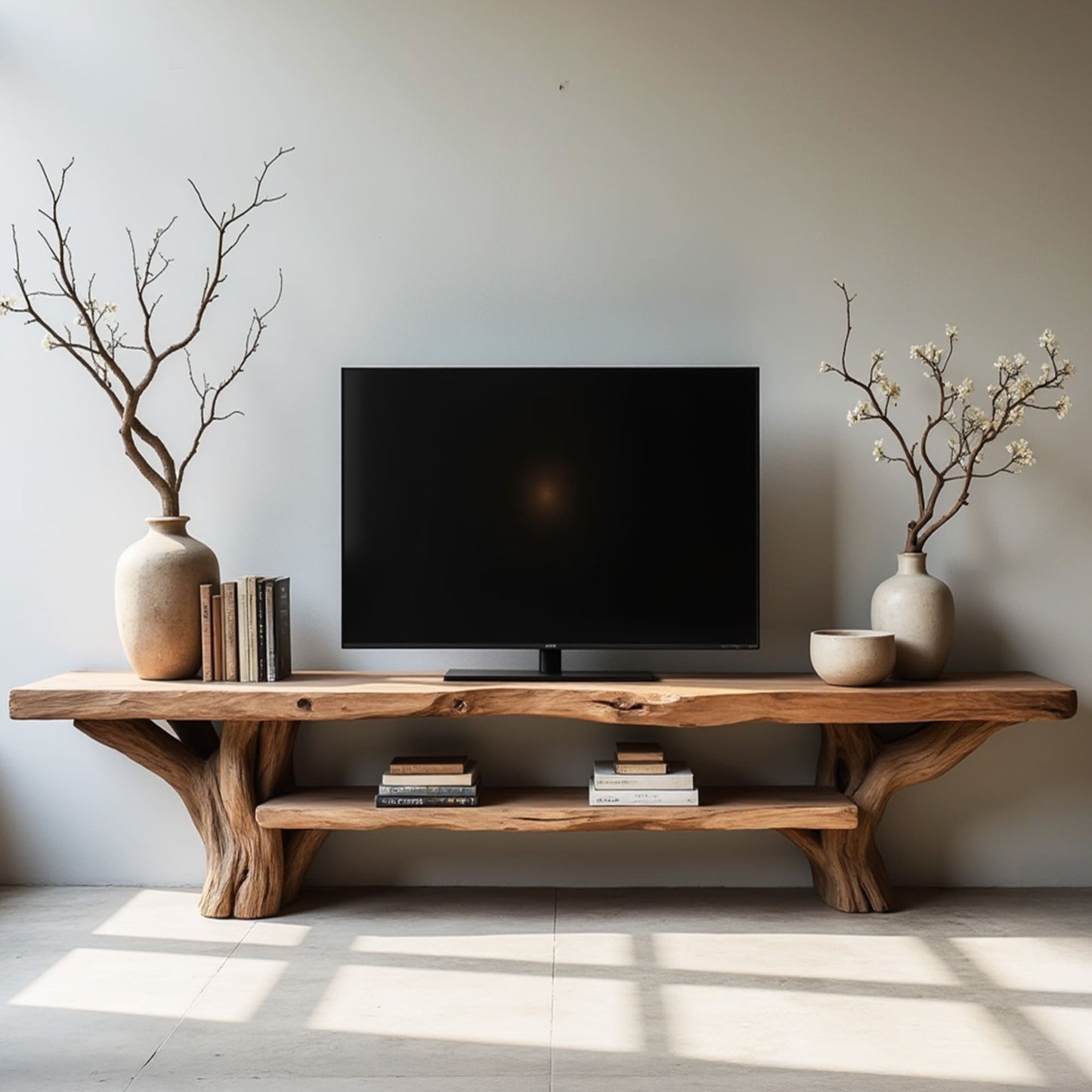 Natural driftwood tv stand live edge monitor shelving wall mount monitor stand solid tree branch console table wood storage bench