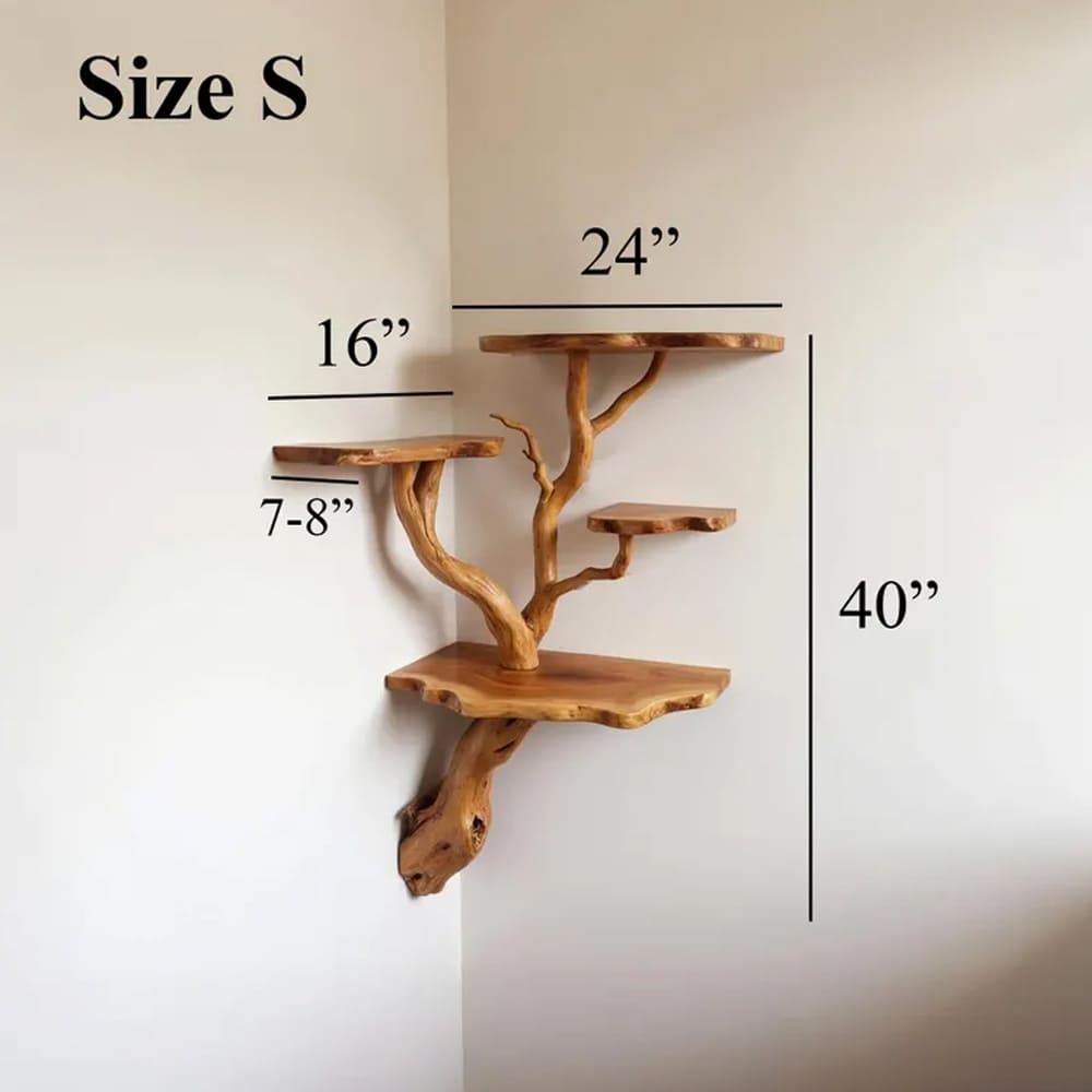 Floating corner shelf tree driftwood branch bookshelf wall mount solid wood bookcase handcrafted rustic furntiure