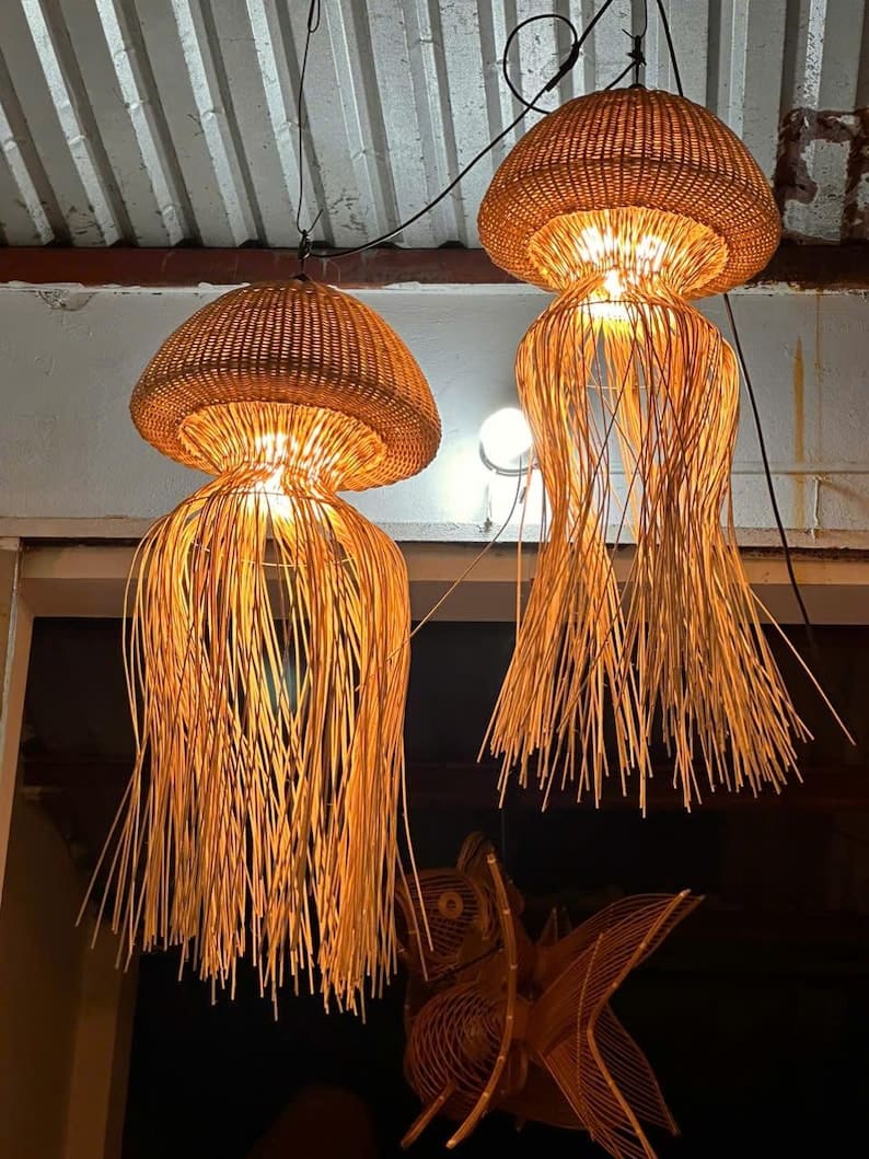 Jellyfish lamp hanging rattan pendant light large fish lantern wicker chandelier lighting art deco lamp