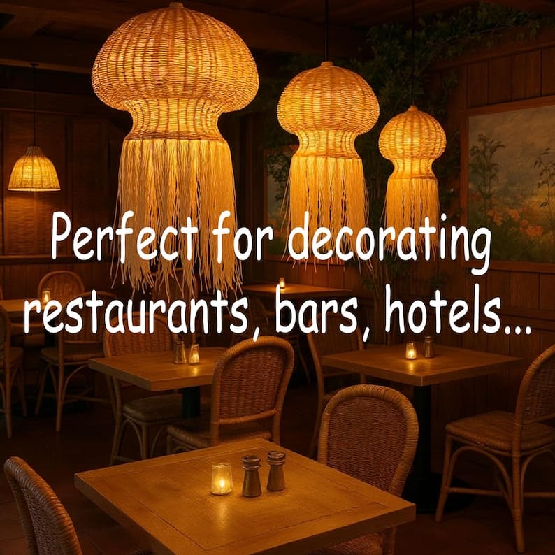 Jellyfish lamp hanging rattan pendant light large fish lantern wicker chandelier lighting art deco lamp