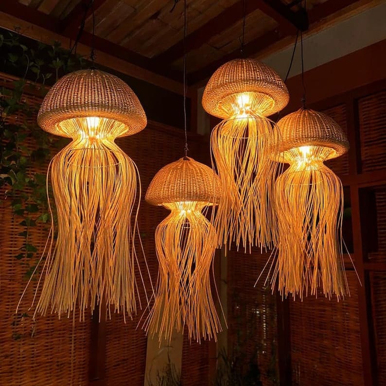 Jellyfish lamp hanging rattan pendant light large fish lantern wicker chandelier lighting art deco lamp