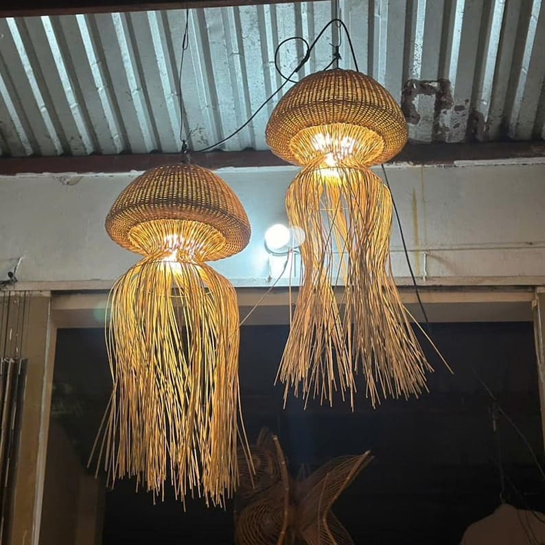 Jellyfish lamp hanging rattan pendant light large fish lantern wicker chandelier lighting art deco lamp