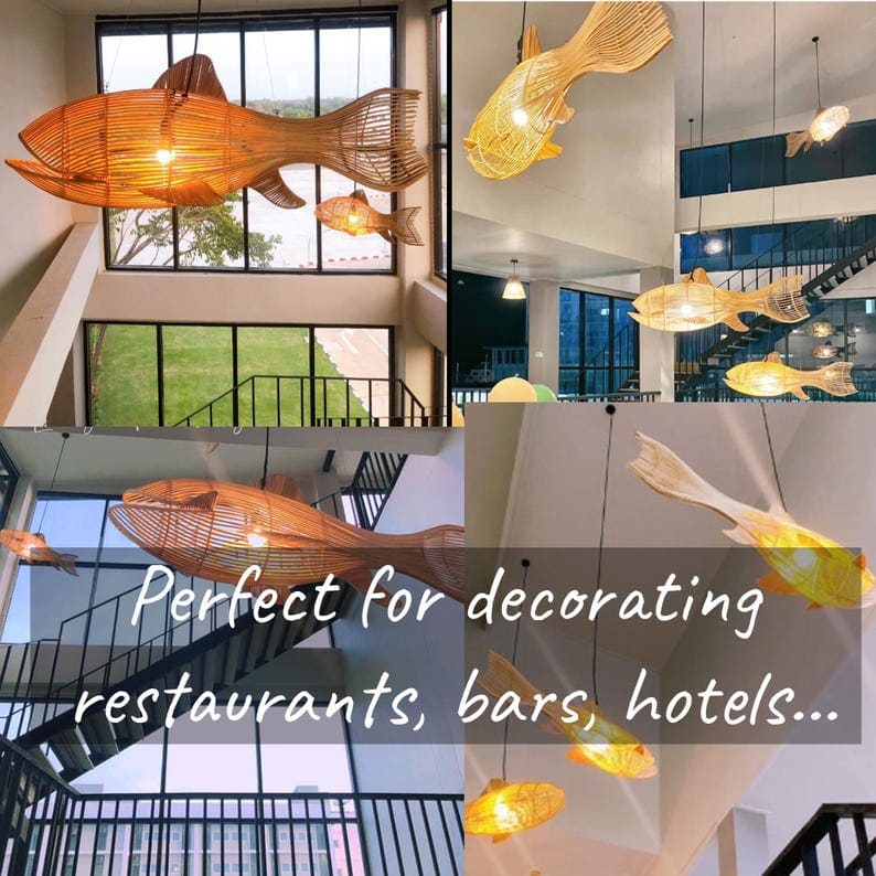 Fish hanging lamp large rattan whale pendant light handcrafted wicker fish chandelier light fixture art decor