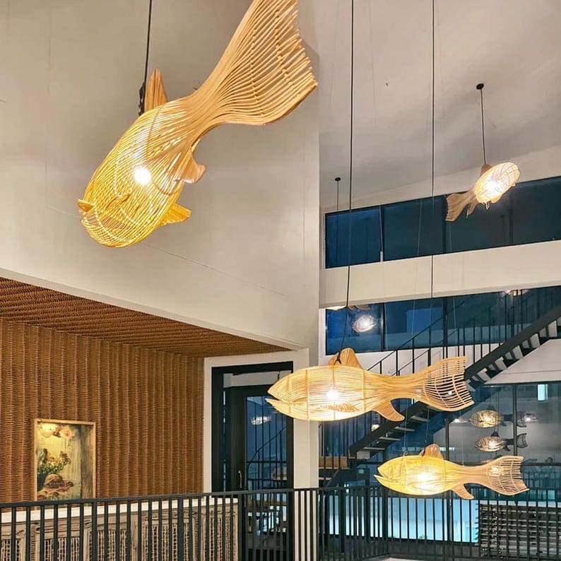 Fish hanging lamp large rattan whale pendant light handcrafted wicker fish chandelier light fixture art decor