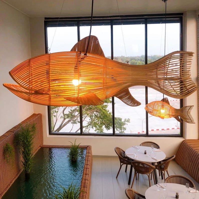Fish hanging lamp large rattan whale pendant light handcrafted wicker fish chandelier light fixture art decor