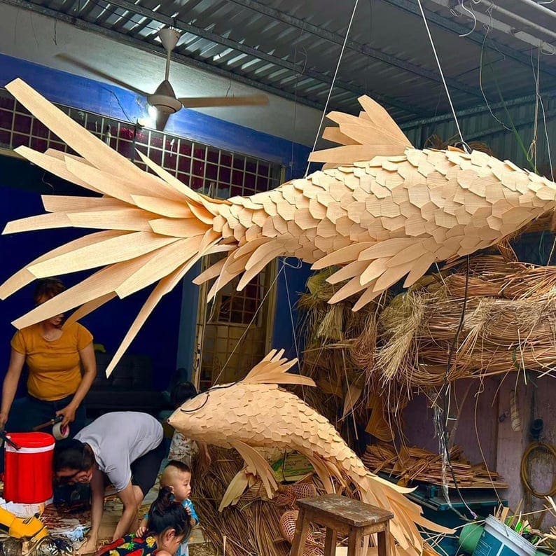 Fish ceiling light wood veneer lamp woven fish lantern handcrafted fish chandelier lighting art decor