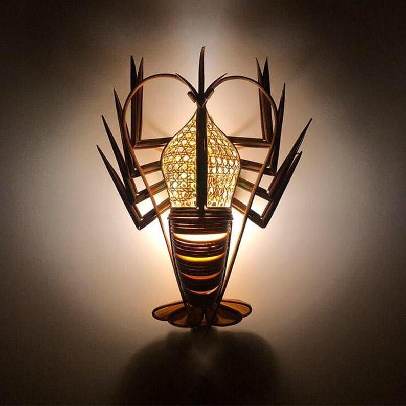 Wall sconce fish light rattan crab lamp lobster lampshade decor wall hanging rattan sconce night lighting decoration