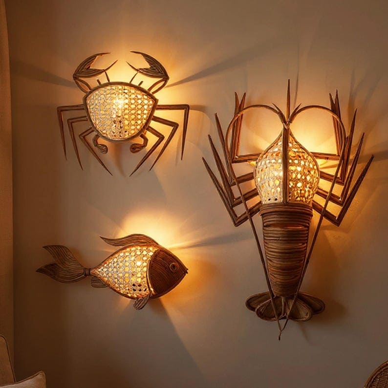Wall sconce fish light rattan crab lamp lobster lampshade decor wall hanging rattan sconce night lighting decoration