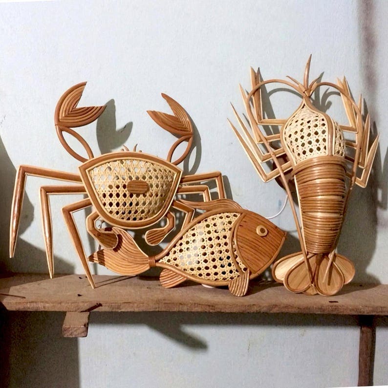 Wall sconce fish light rattan crab lamp lobster lampshade decor wall hanging rattan sconce night lighting decoration