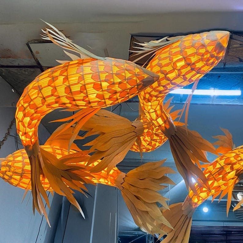 Fish pendant light wood veneer fish hanging lamp wall mount woven fish chandelier lighting handcrafted rustic fish light decoration