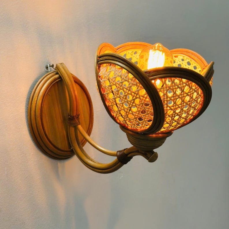 Flower rattan wall sconce light fixture handcrafted wicker lampshade wooden hanging lighting decorative living room