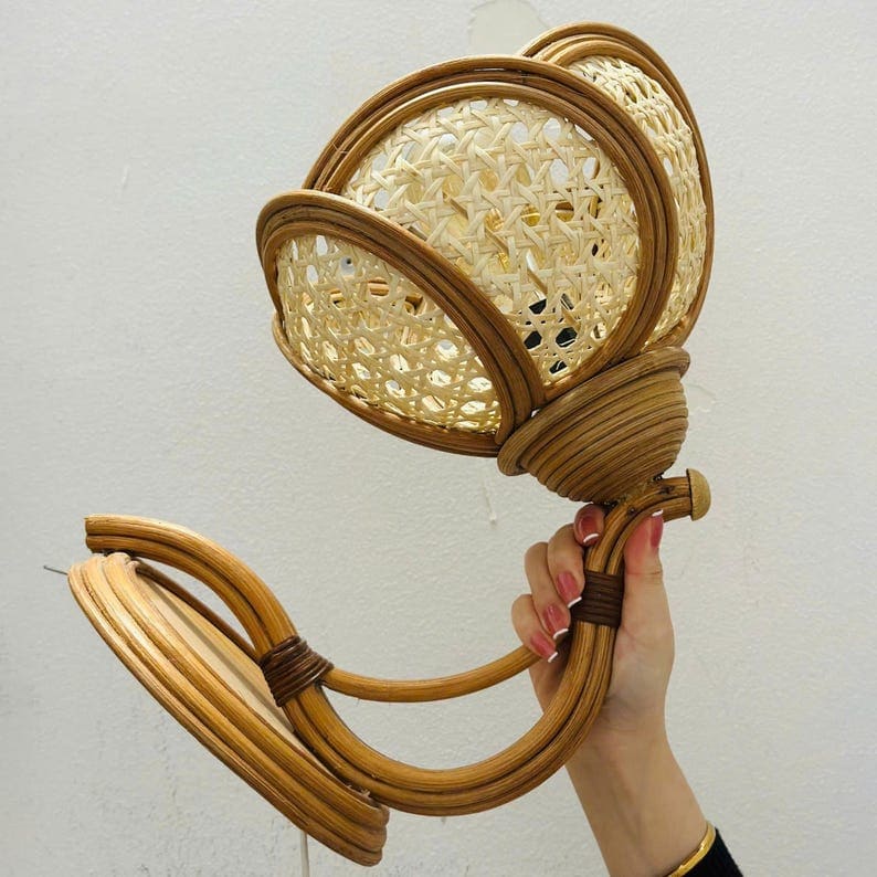 Flower rattan wall sconce light fixture handcrafted wicker lampshade wooden hanging lighting decorative living room