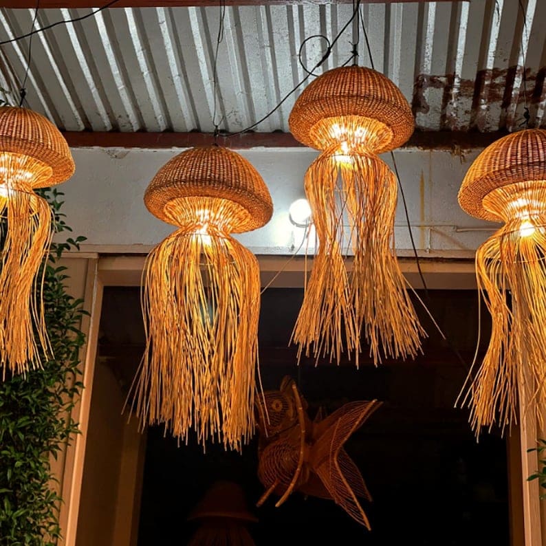 Jellyfish lamp hanging rattan pendant light large fish lantern wicker chandelier lighting art deco lamp