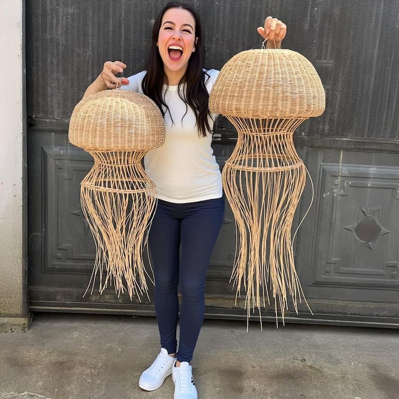 Jellyfish lamp hanging rattan pendant light large fish lantern wicker chandelier lighting art deco lamp
