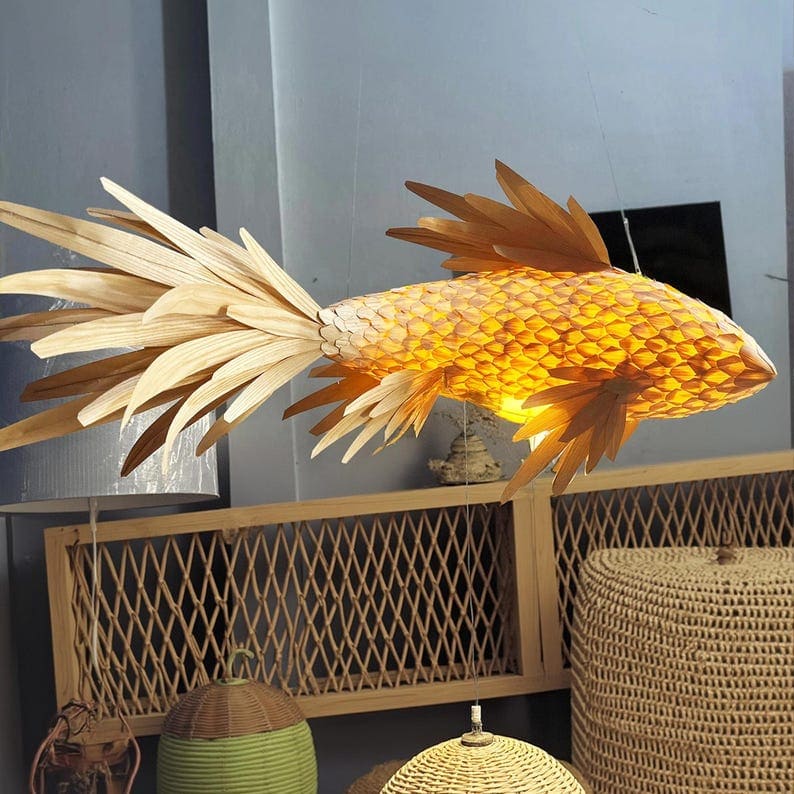 Fish ceiling light wood veneer lamp woven fish lantern handcrafted fish chandelier lighting art decor