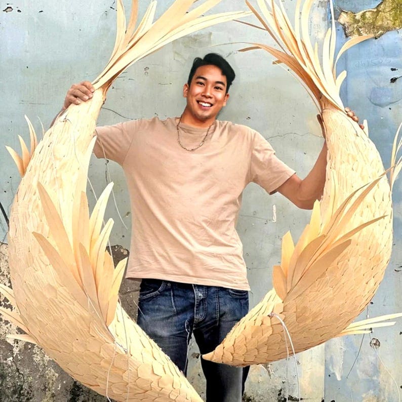 Fish pendant light wood veneer fish hanging lamp wall mount woven fish chandelier lighting handcrafted rustic fish light decoration