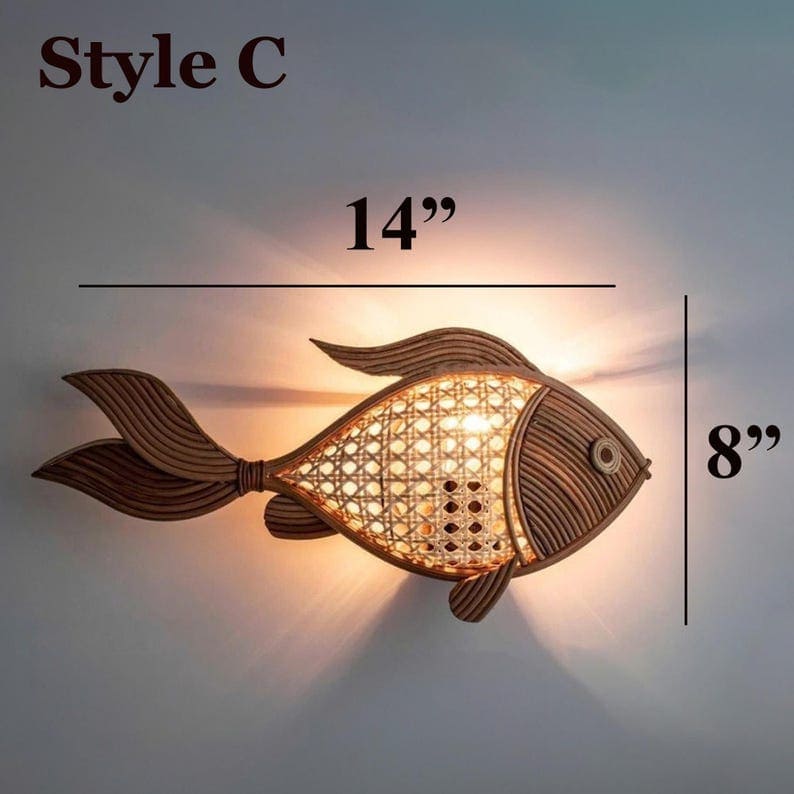 Wall sconce fish light rattan crab lamp lobster lampshade decor wall hanging rattan sconce night lighting decoration