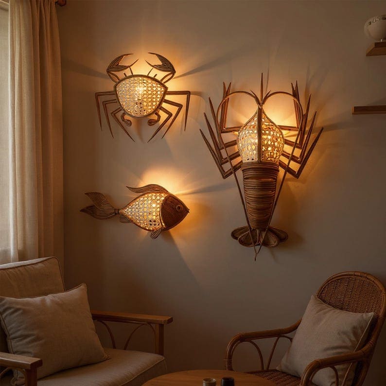 Wall sconce fish light rattan crab lamp lobster lampshade decor wall hanging rattan sconce night lighting decoration
