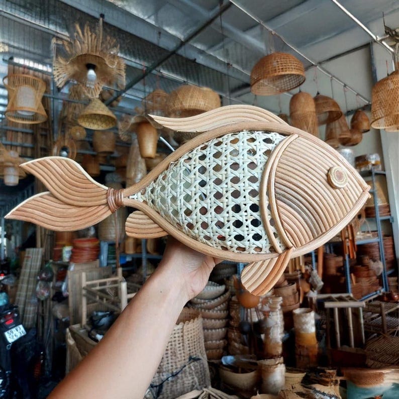 Wall sconce fish light rattan crab lamp lobster lampshade decor wall hanging rattan sconce night lighting decoration