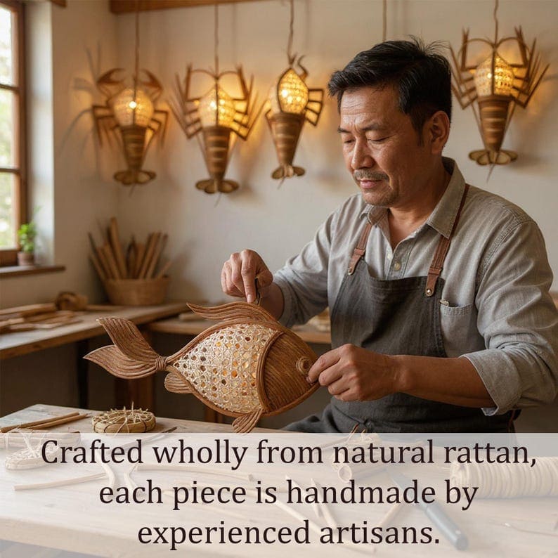 Wall sconce fish light rattan crab lamp lobster lampshade decor wall hanging rattan sconce night lighting decoration