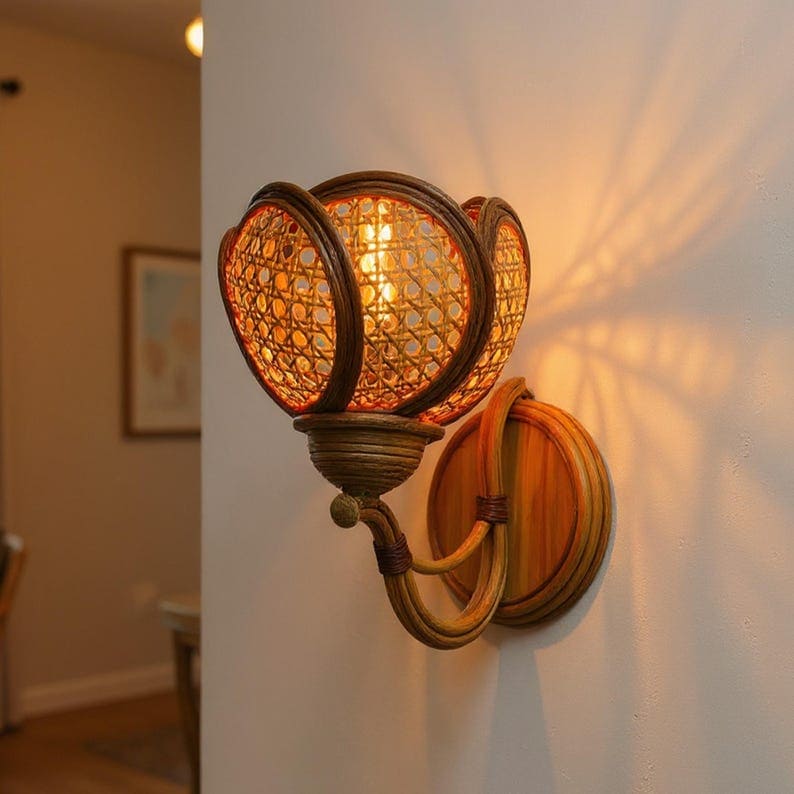 Flower rattan wall sconce light fixture handcrafted wicker lampshade wooden hanging lighting decorative living room