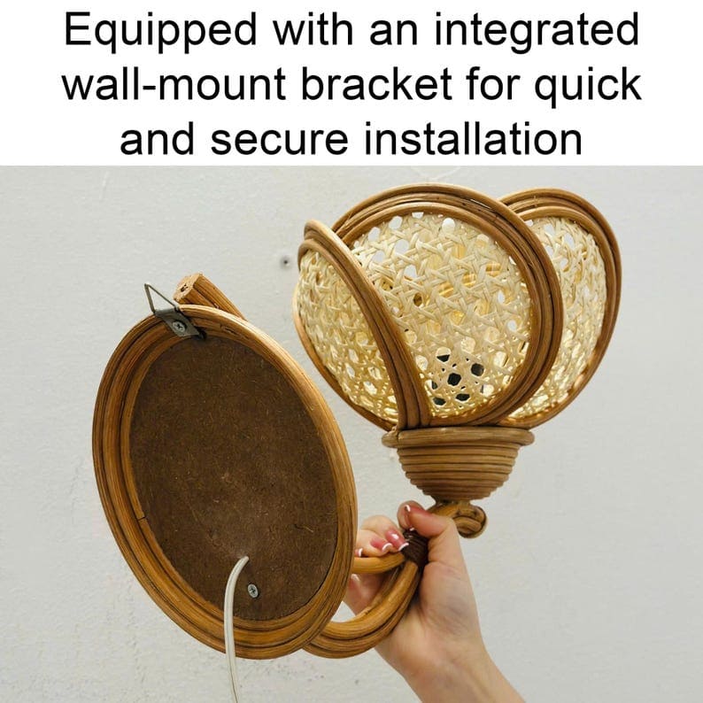 Flower rattan wall sconce light fixture handcrafted wicker lampshade wooden hanging lighting decorative living room