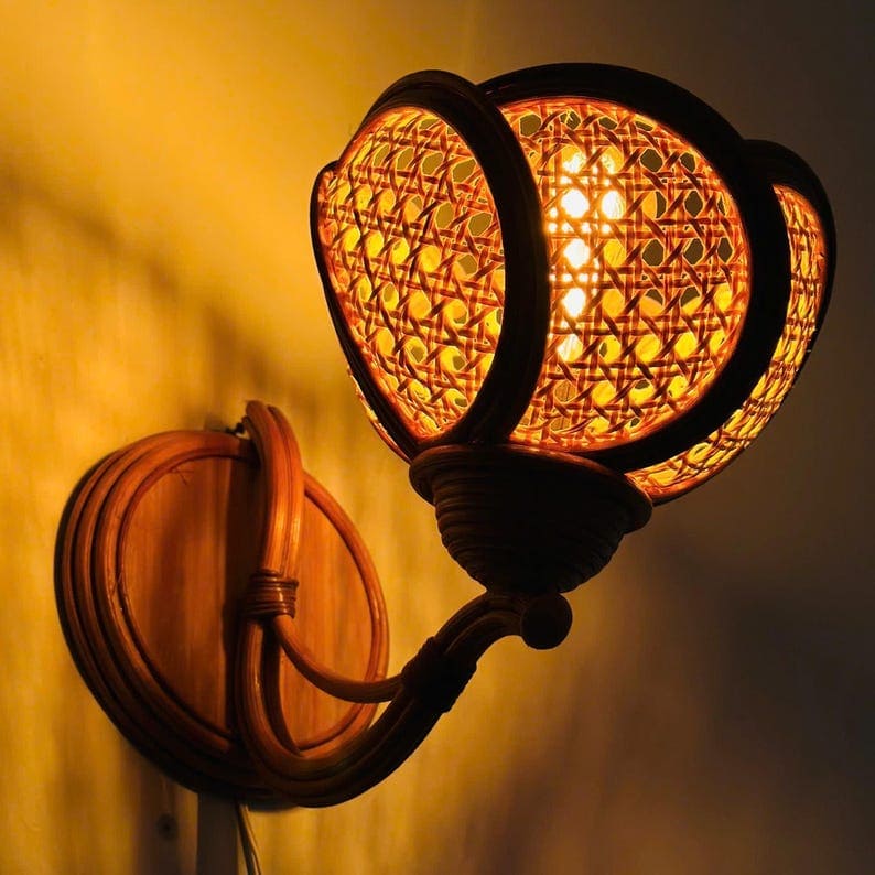 Flower rattan wall sconce light fixture handcrafted wicker lampshade wooden hanging lighting decorative living room