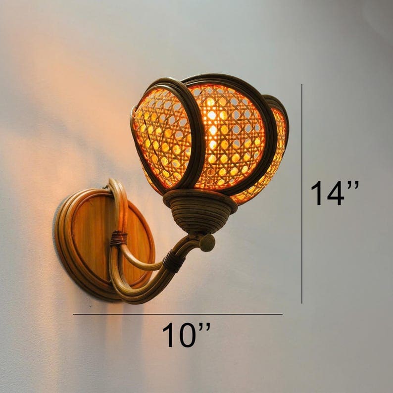 Flower rattan wall sconce light fixture handcrafted wicker lampshade wooden hanging lighting decorative living room