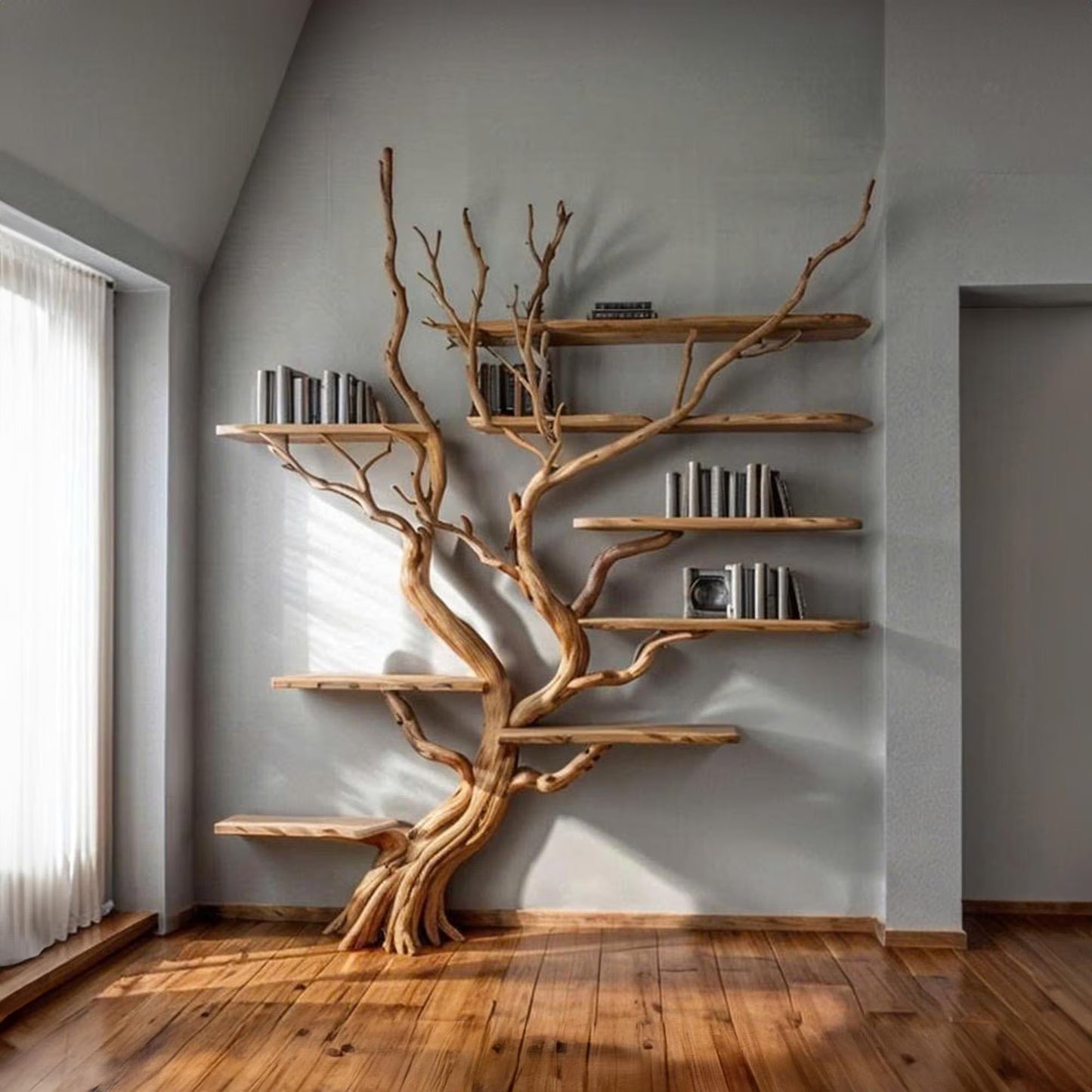 Tree book shelf driftwood branch floating bookshelf wall mount bookcase handmade furniture for home decor