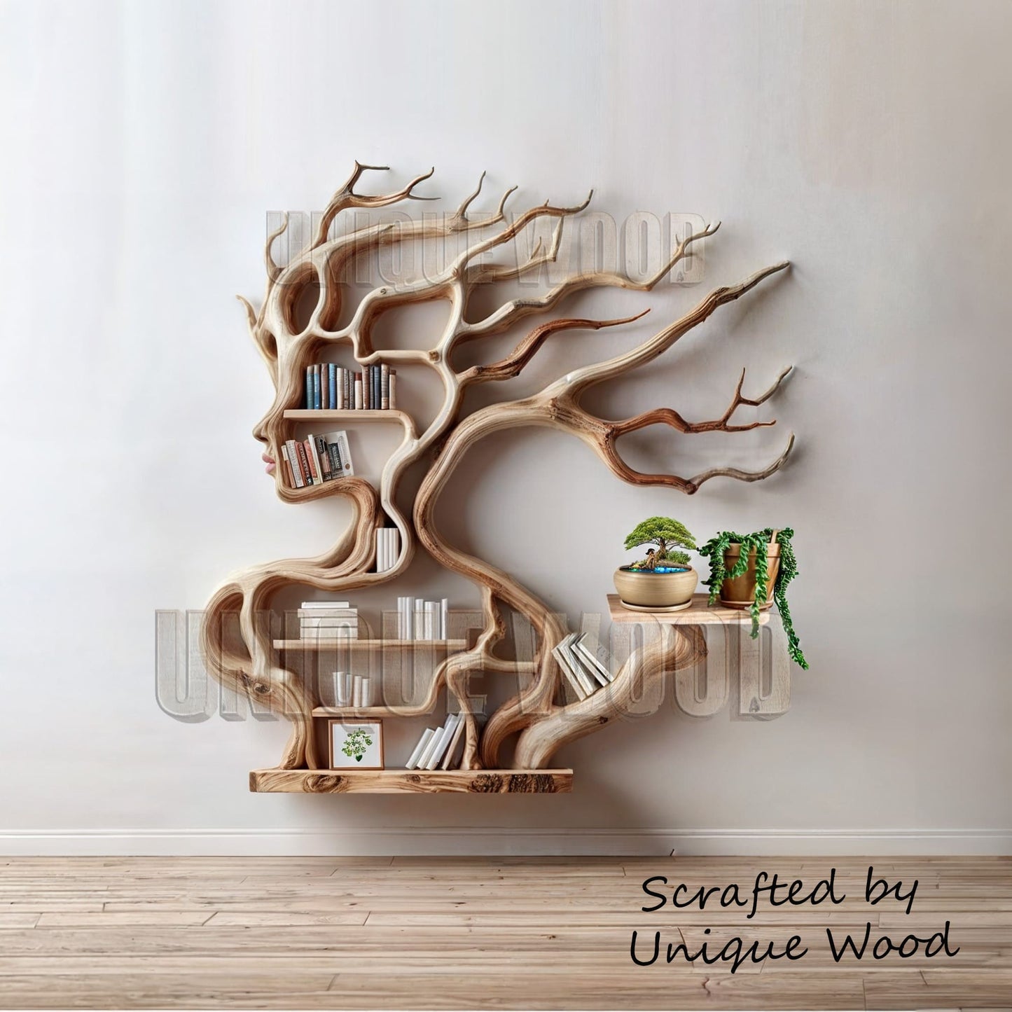 Driftwood branch floating bookshelf solid wood wall mounted bookcase decoration