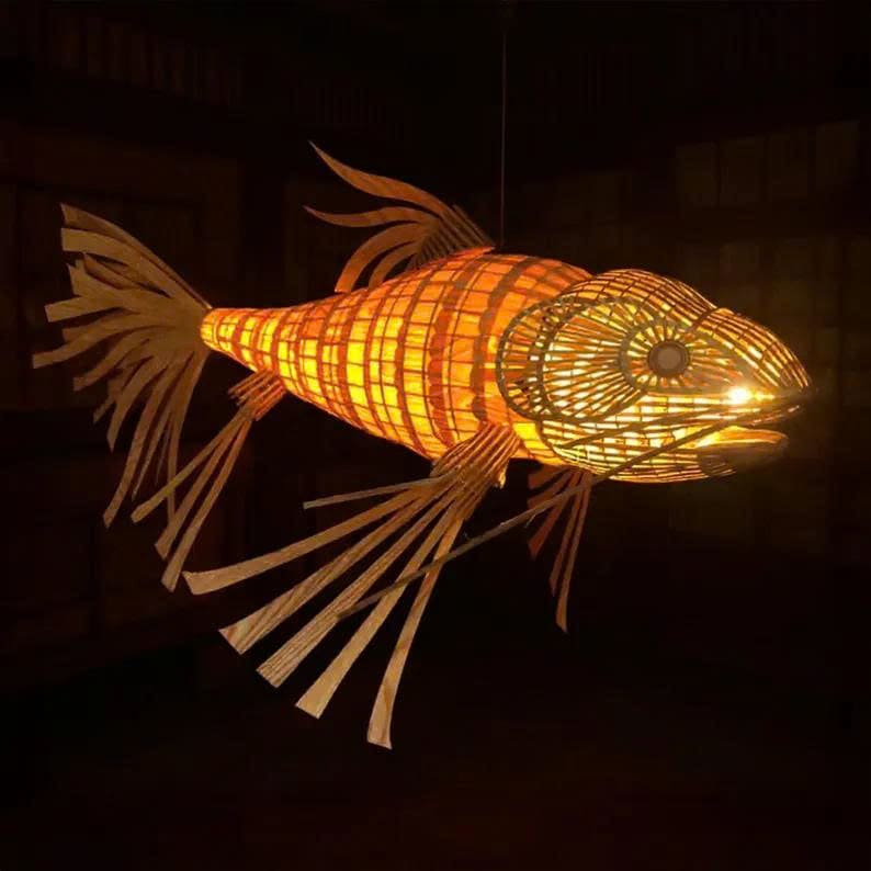 Wooden fish lamp hanging light wood veneer rattan fish pendant lighting woven fish chandelier koi fish lamp shade restaurant decoration