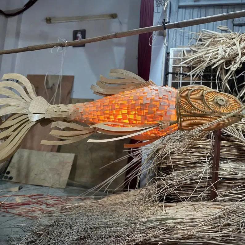 Wooden fish lamp hanging light wood veneer rattan fish pendant lighting woven fish chandelier koi fish lamp shade restaurant decoration